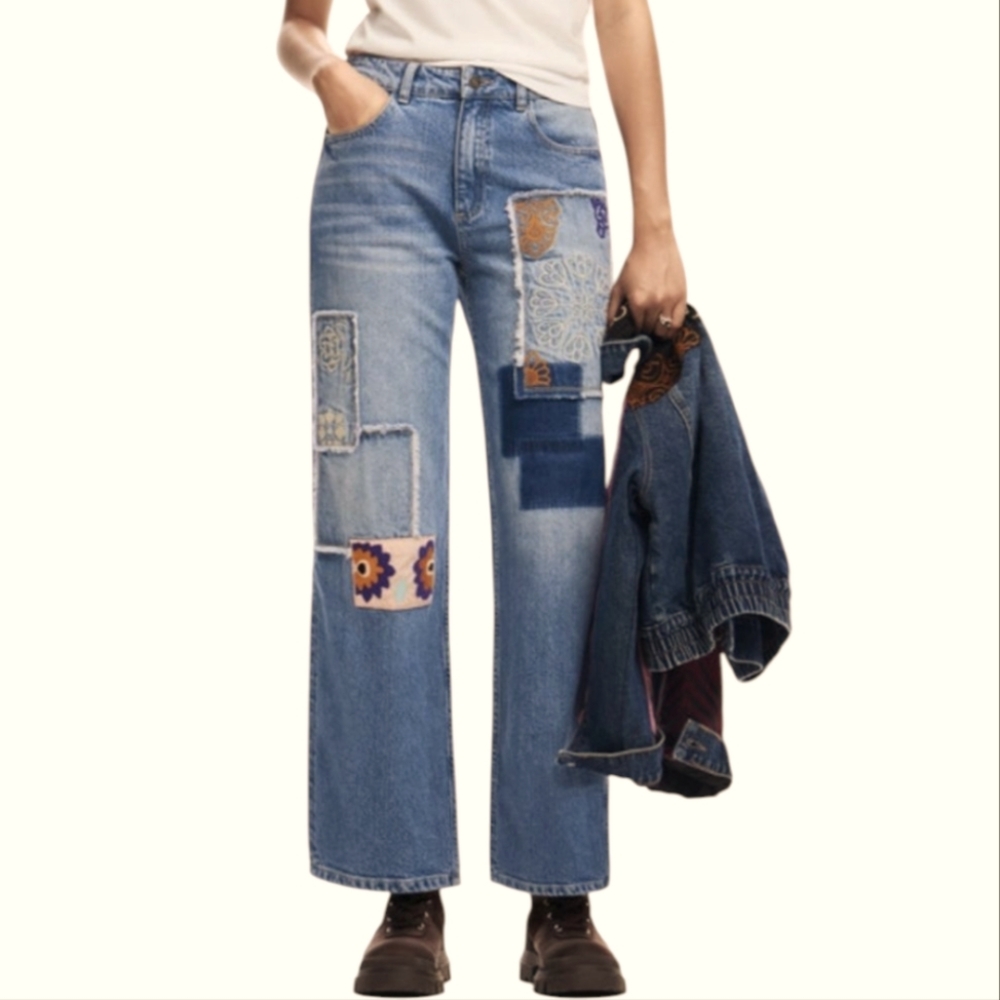 Desigual Patchwork Wide Leg Culotte Blue Jeans Women's Size EU 34 US 26